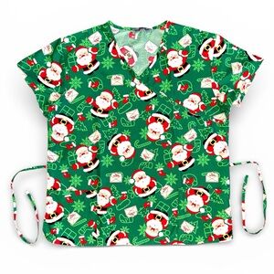EUC! Christmas Scrub Top Santa Print Holiday Medical / Nurse Wear Women’s Large